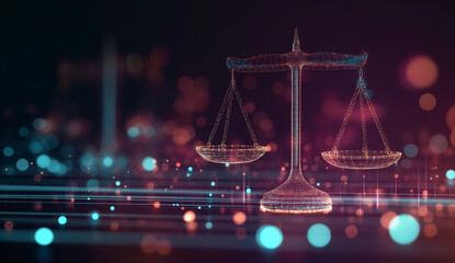 Scales of justice on a digital background with glowing lights and data visualization elements, representing the concept of technology in law.