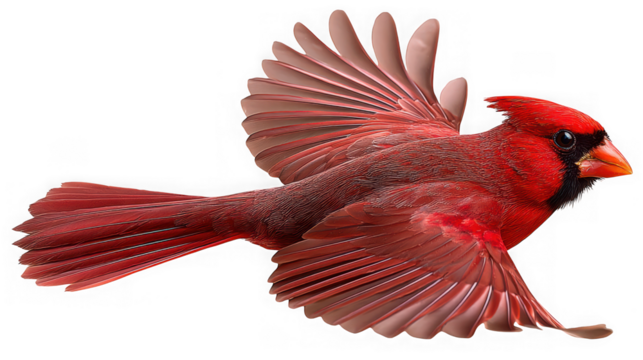 A vibrant red male cardinal in midflight with its wings spread wide isolated on transparent background