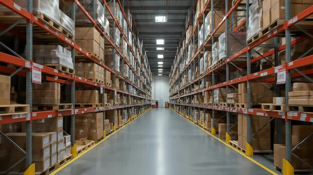 Warehouse interior showcasing long aisles of tall racks neatly stocked with countless boxes, illustrating efficient industrial storage and global logistics, no people.
