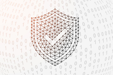 Shield with check mark low poly symbol with binary code background. Antivirus design vector illustration. Internet safety polygonal symbol