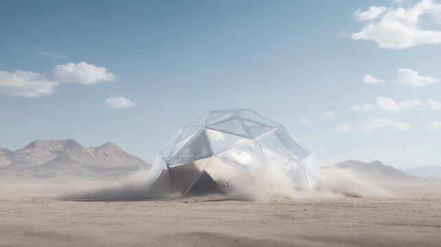 Futuristic geodesic dome imploding in desert landscape