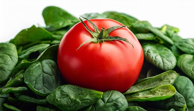 large red tomato in the centre of spinache