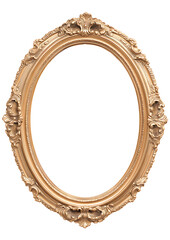 Elegant golden oval frame with ornate details, perfect for showcasing art or photos with a touch of vintage sophistication on a black background.
