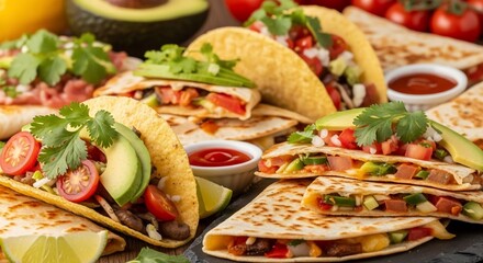 Vibrant Tacos and Quesadillas Feast: Fresh Ingredients, Colorful Presentation, Culinary Delight
