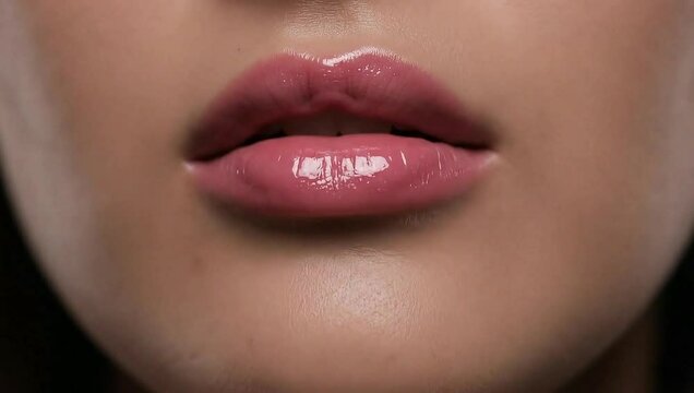 woman with glossy lips, licking her lips