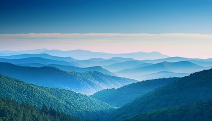 Obraz premium abstract landscape illustration featuring layered waves of soft blue tones flowing over rolling hills surrounded by lush green forests and distant mountains under a pastel sky