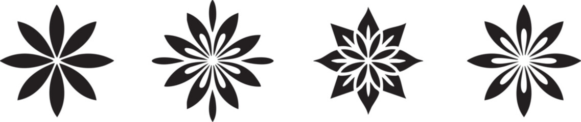 Fototapeta premium Four abstract floral decorative elements in black silhouette style