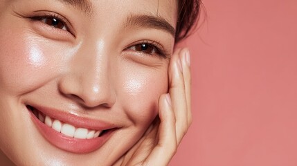 Obraz premium Closeup Beautiful smiling asian korean woman touch face with smooth healthy skin