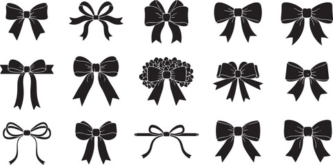 Collection of various black bow silhouettes isolated on white background isolated on transparent background