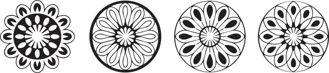 Four black and white abstract floral mandala designs silhouette