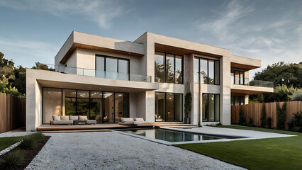 Fototapeta premium Modern house in the park, sky, facade, roof, estate, window, new, residential, apartment, property, real, luxury, 32K Revolutions 
