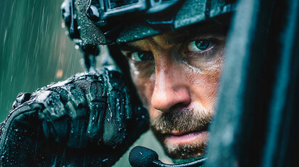 Close-up British SAS special forces soldier under heavy rain, tactical gear and comms headset, intense combat portrait — stock photo for military training and defense marketing 
