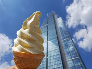A Refreshing Soft Serve Ice Cream Cone Against a Bright Blue Sky and Modern Skyscraper