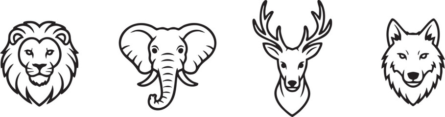 Fototapeta premium Collection of stylized animal heads including lion elephant deer and wolf silhouette