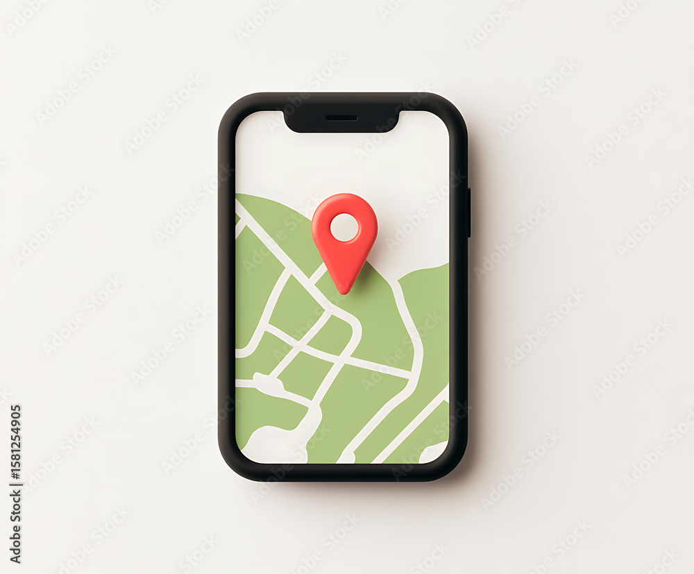 Fototapete digital map icon: a 3d rendered square icon with a map displaying green land and white roads, topped