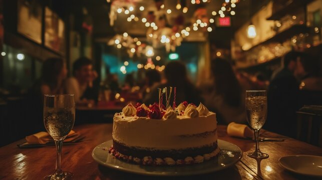 Birthday cake with candles and drinks at a restaurant.