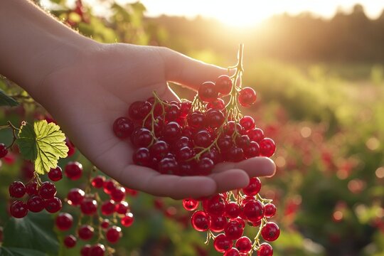 Close up Of A Hand Holding Ripe Red Berries At Sunset
