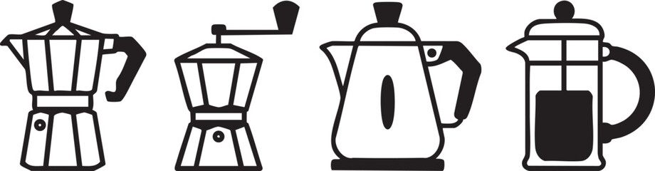Collection of four coffee brewing devices in simple black and white silhouette style