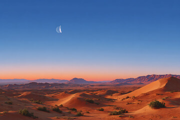 Fototapeta premium Expansive Desert Landscape at Sunset with Rolling Sand Dunes and a Crescent Moon in a Vivid Blue Sky Orange and Red Hues Dominate the Sand