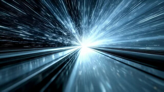 Futuristic representation of a tunnel portal enriched with cascading matrix data streams symbolizing the rapid evolution of virtual technology. The motion blur effect enhances the sensation