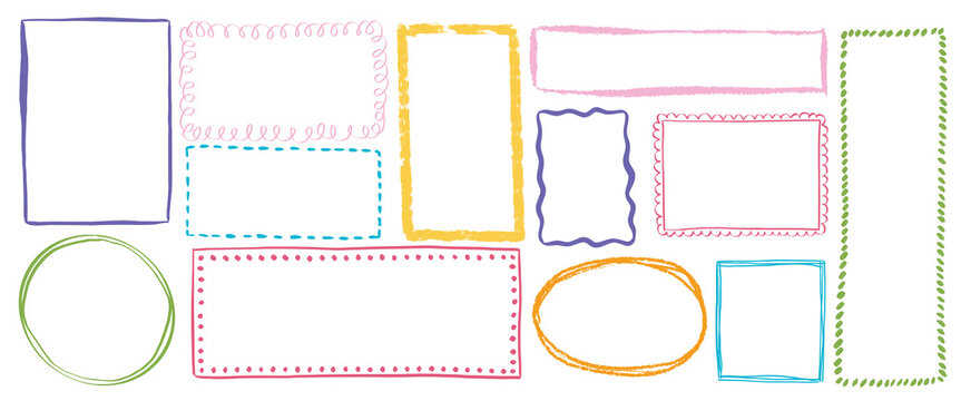 Frame box border rectangle with hand drawn doodle shape and scribble line for photo caption, banner, label or text in abstract vintage grunge design.