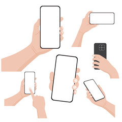 Set of hands holding mobile phones with blank screen. Vector illustration.