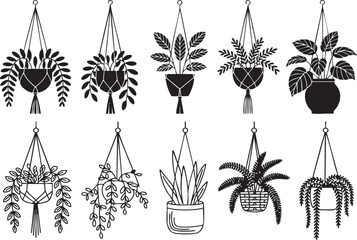 Collection of diverse hanging potted plants in silhouette style