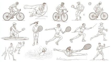 Linear vector isolated illustration set of sport and leisure people. Cycling experiences, Adventure sport motorsport, outdoor recreational activity badminton, Boxing, Snorkeling swimming, Martial Art