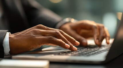 Close up of a business man working on a laptop, typing with his hands for work in office environment home office