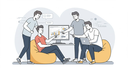 Creative business team collaborating on a project, analyzing data and statistics. Vector illustration of a startup meeting and brainstorming session.