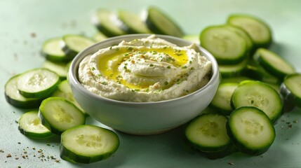 A bowl of creamy cucumber hummus garnished with olive oil is surrounded by freshly sliced cucumbers on a light green surface, emphasizing health and freshness.