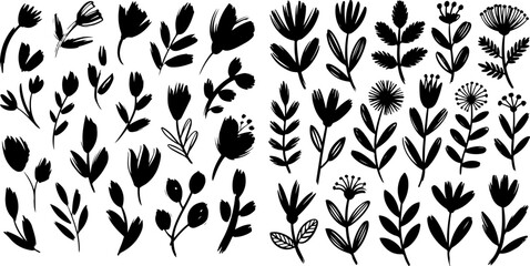 Flower brush hand drawn vector set. Hand drawn doodle flower, floral leaf elements in brush stroke ink style. Simple abstract botanical silhouette set