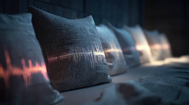 Biometric AI soundwave pillows generating audio loops in sync with userÃ¢â¬â¢s REM emotional balance.