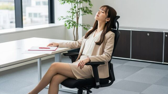 午後の休憩に椅子で背伸びするベージュスーツ女性