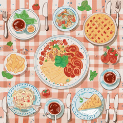 Trendy flat-lay meal composition in retro style. Perfect for food branding, cooking apps, web banners and editorial design