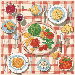 Trendy flat-lay meal composition in retro style. Perfect for food branding, cooking apps, web banners and editorial design