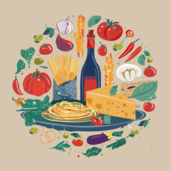 Trendy round doodle with classic Italian cuisine. Great for stickers, cards, cookbooks, home décor and restaurant illustrations