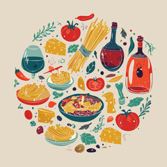 Trendy round doodle with classic Italian cuisine. Great for stickers, cards, cookbooks, home décor and restaurant illustrations