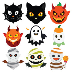 Collection of cute and spooky halloween characters with festive designs
