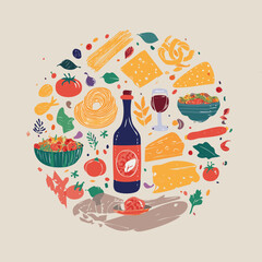 Trendy round doodle with classic Italian cuisine. Great for stickers, cards, cookbooks, home décor and restaurant illustrations