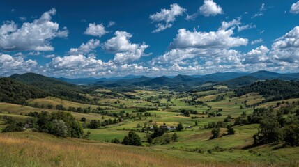Naklejka premium A beautiful, open field with a clear blue sky and fluffy clouds. The landscape is dotted with trees and houses, giving it a peaceful and serene atmosphere