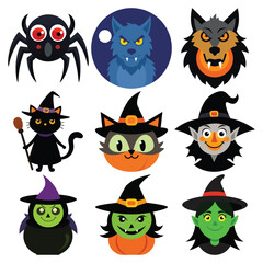 Collection of cute and spooky halloween characters with witches and monsters
