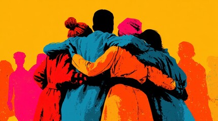 A group of people are hugging each other in a painting. The painting is bright and colorful, with a sense of warmth and togetherness. The people are all different ages and genders