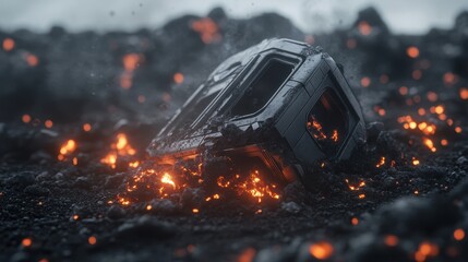 Futuristic modular home wreckage amidst smoldering ashes