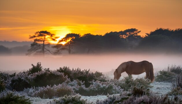 a new forest pony eating gorse just after sunrise on a misty cold winter morning near hatchet pond beaulieu hampshire uk