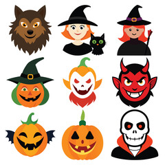 Collection of cute cartoon halloween characters and pumpkins
