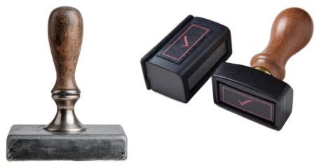 Closeup of rubber stamps with wooden handles and ink pads,  environment isolated transparent png
