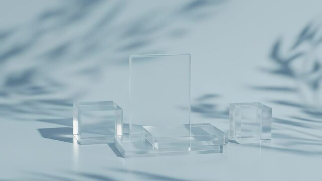 Clear Acrylic Product Display Podiums on a Light Blue Studio Background, Featuring Geometric Blocks and Elegant Leaf Shadows for a Minimalist Showcase.
