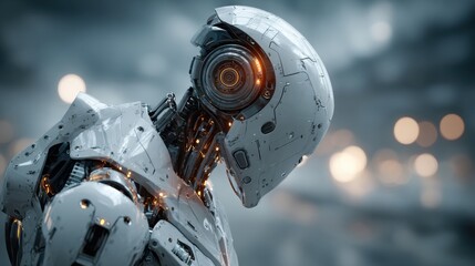 Fototapeta premium A robot with glowing eyes stands in front of a blurry background. The robot's design is futuristic and metallic, with a helmet that covers most of its head. Concept of mystery and intrigue