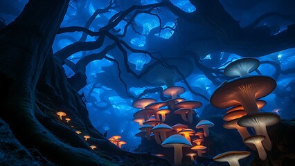 A vast blue-glowing fungal network beneath the forest floor, embodying the unseen interconnectedness of life.